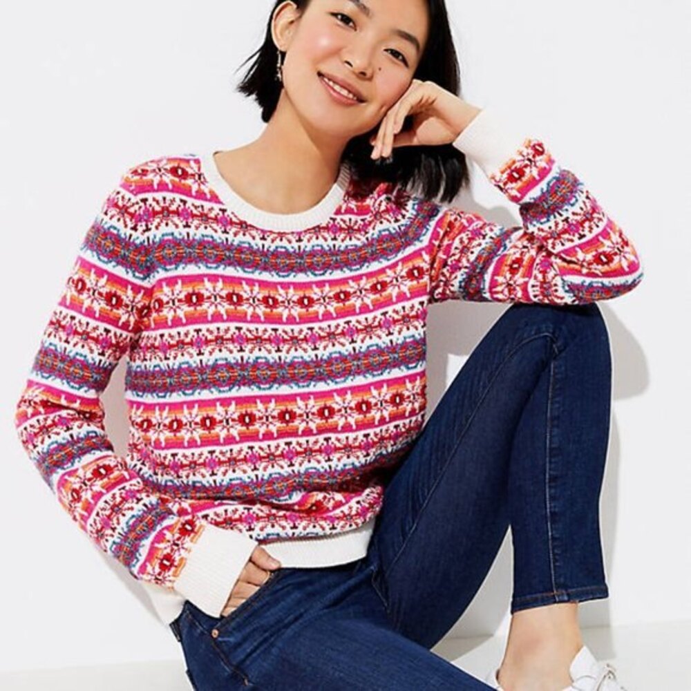 Multicolor LOFT Fair Isle Crew Neck Long Sleeve Pullover Knit Sweater (NWT) - Picture 2 of 5